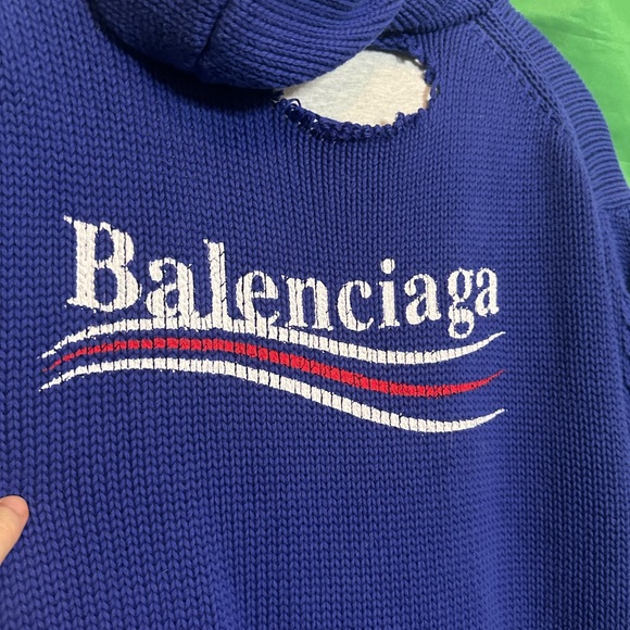 BALENCIAGA destroyed knit layered hybrid campaign hoodie blue NWT - Picture 11 of 16